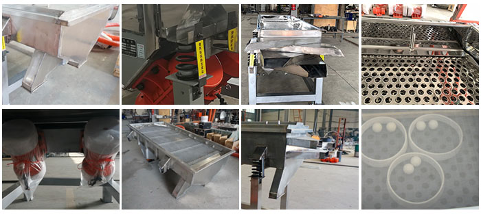 不銹鋼直線篩不同定制出料口，電機，篩網(wǎng)，篩箱，彈跳球等部件細(xì)節(jié)展示